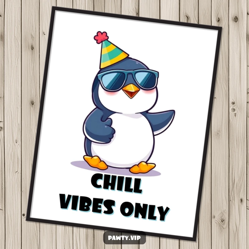 Funny Free Printable Wall Art: A kawaii penguin wearing a party hat and sunglasses, giving a universally understood thumbs up.