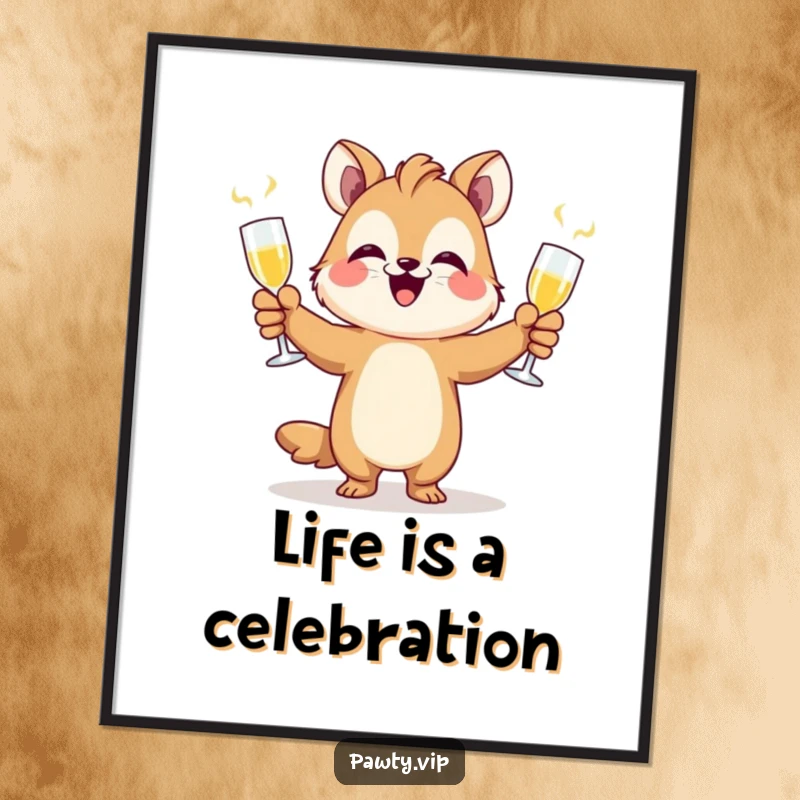 Funny free printable wall art of an animal character enthusiastically juggling champagne flutes with a look of pure glee.