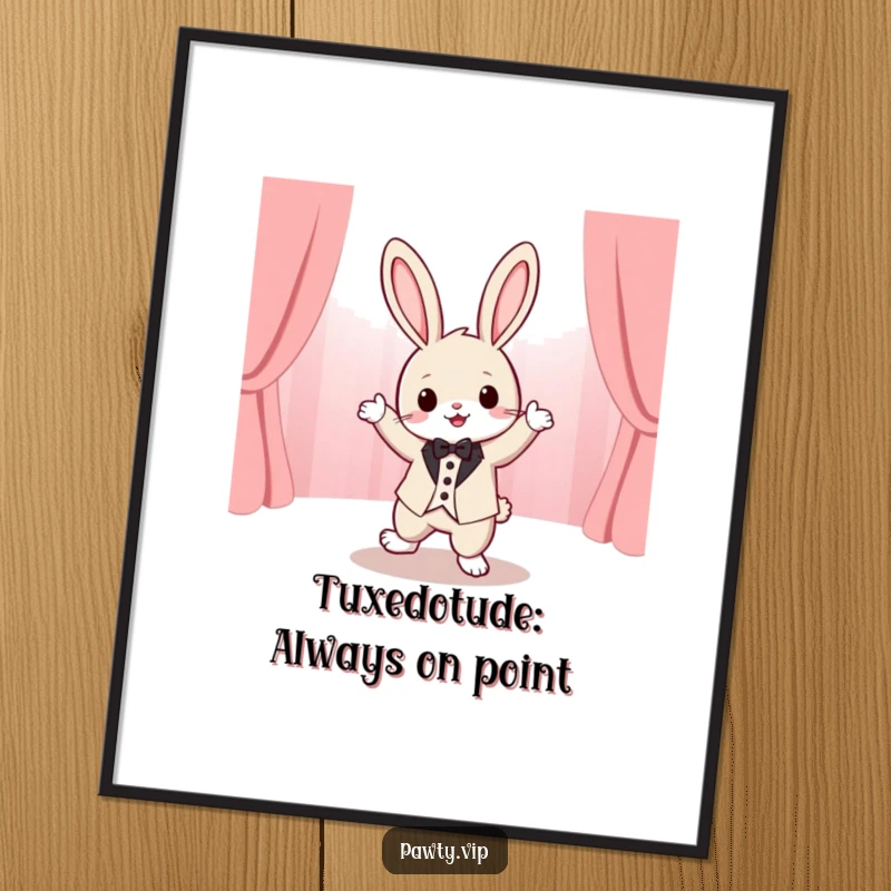 Funny Free Printable Wall Art: A kawaii rabbit in a tiny tuxedo, dancing with flair on a stage, creating a joyful atmosphere.