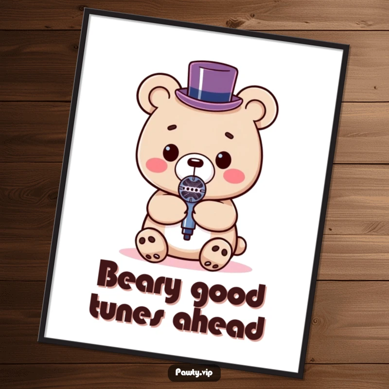 Funny Free Printable Wall Art: A sophisticated Kawaii bear in a top hat holding a microphone.