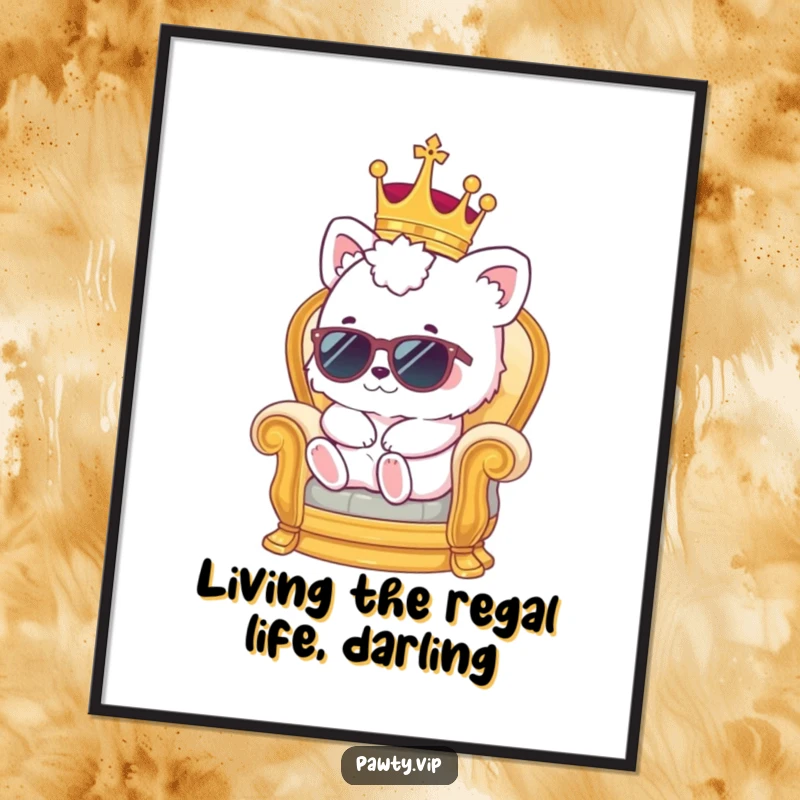 Funny free printable wall art of a kawaii animal in tiny crown and sunglasses lounging on a miniature throne, exuding cool royalty.