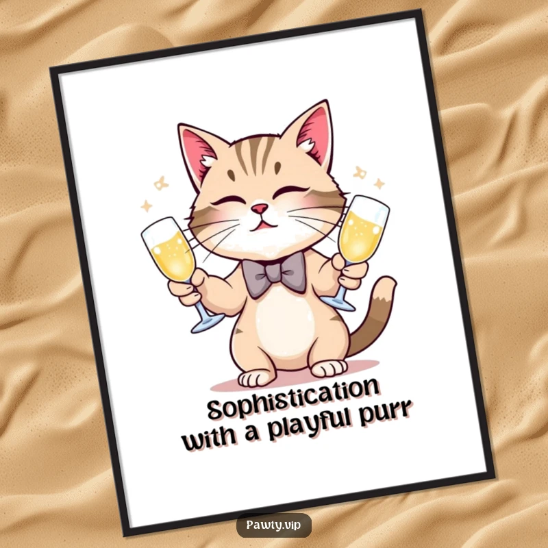 Funny Free Printable Wall Art: Elegant cat in bow tie juggles champagne flutes, adding a humorous touch. Downloadable decor.