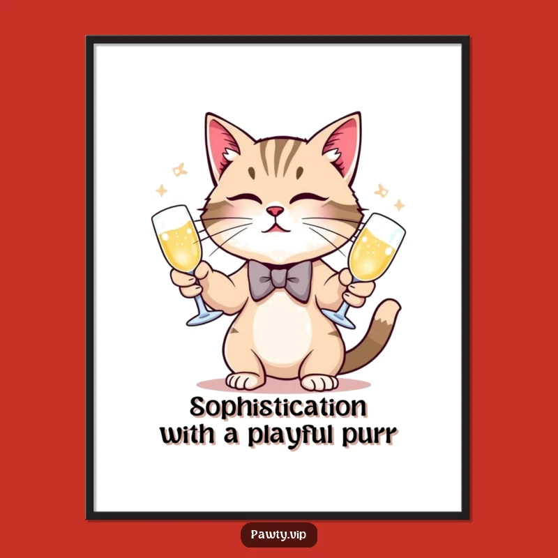 Funny Free Printable Wall Art: Juggling Cat Bow Tie Champagne Downloadable Art