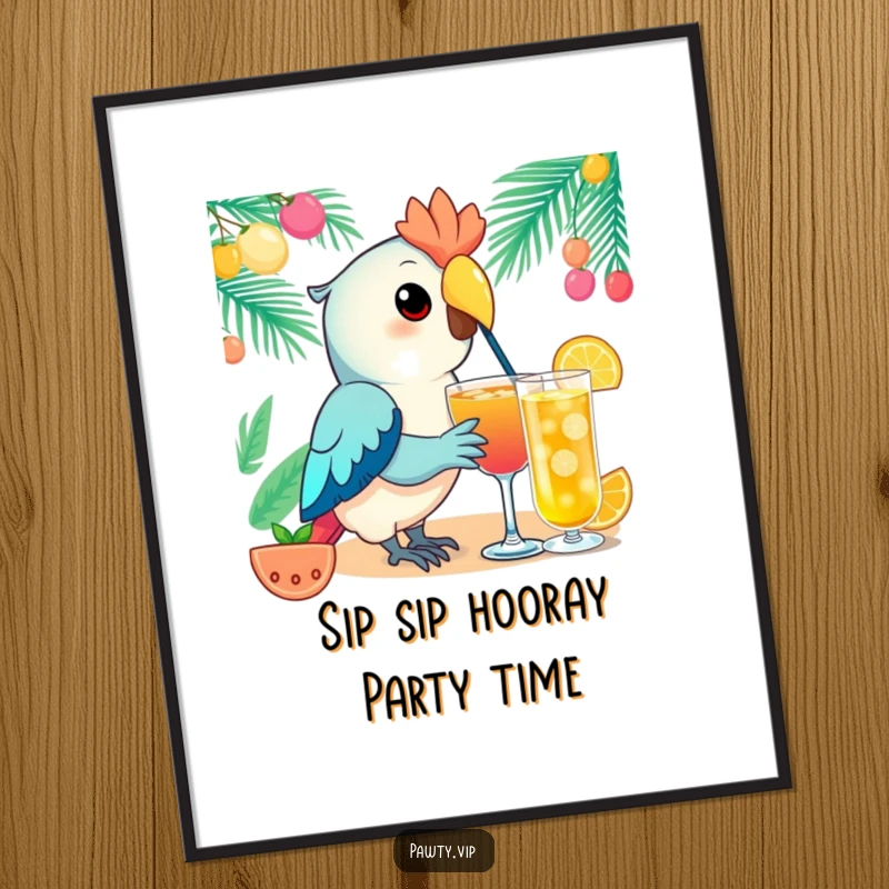 Funny Free Printable Wall Art: A charming Kawaii parrot elegantly sips from a festive drink, radiating tropical vibes.