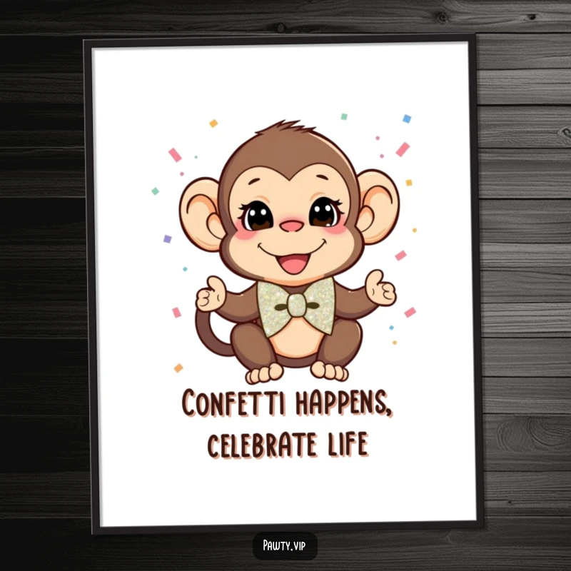 Funny Free Printable Wall Art: A stylish monkey in a glittery bow tie gleefully throws confetti, adding a festive vibe.