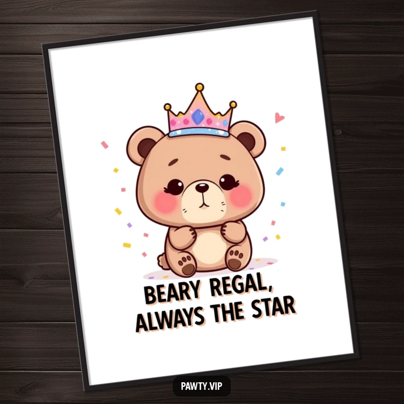 Funny Free Printable Wall Art: Cute bear in sparkly crown blows confetti, creating a festive, humorous vibe. Downloadable decor.
