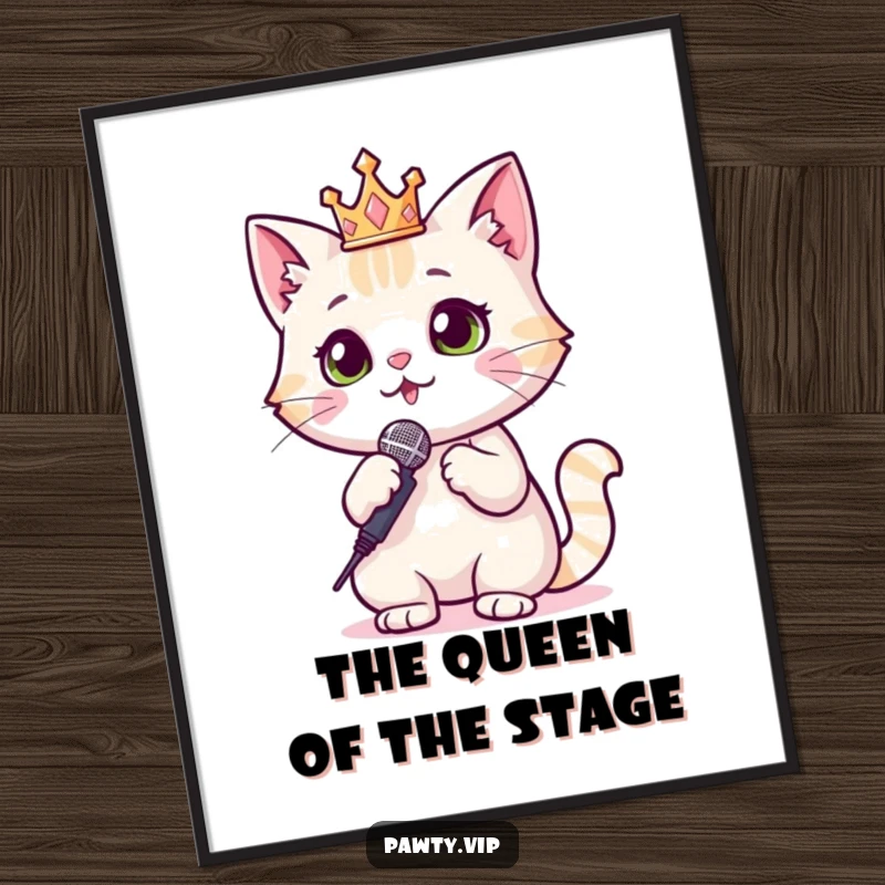 Funny Free Printable Wall Art: A cat adorned with a sparkly crown holds a microphone, ready to perform on any wall.