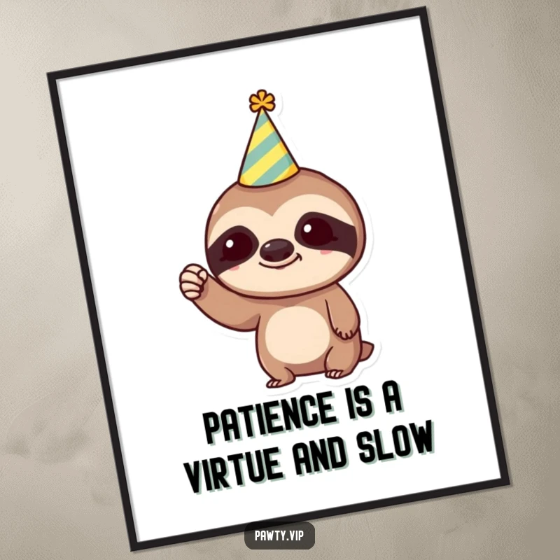 Funny Free Printable Wall Art: Trendy sloth wearing a party hat, raising a tiny fist slowly.
