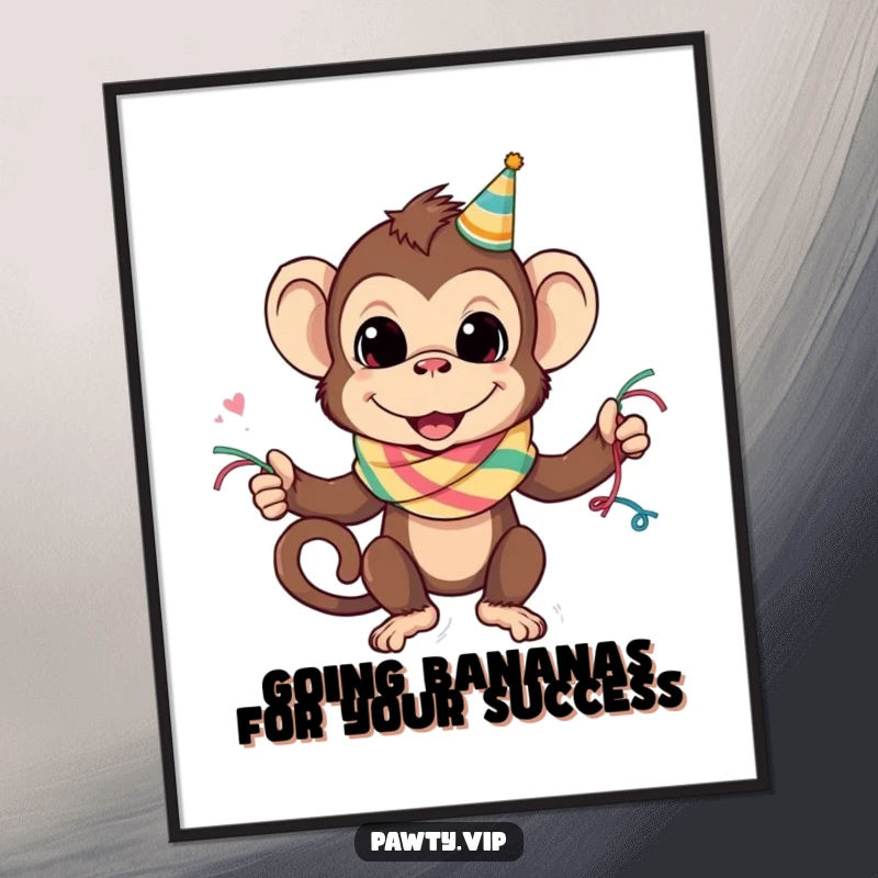 Mischievous monkey in a party streamer scarf, peeking cheekily, perfect for funny free printable wall art.