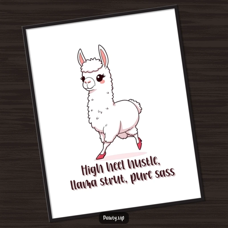 Funny Free Printable Wall Art: A chic llama wearing tiny high heels, strutting confidently.