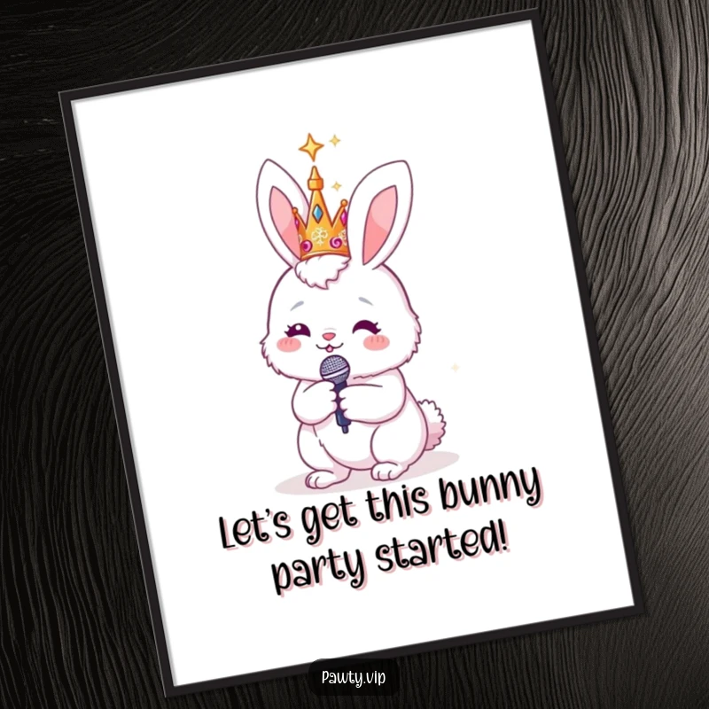Funny Free Printable Wall Art: Fluffy bunny with a sparkly crown and microphone, striking a pose like a pop star.