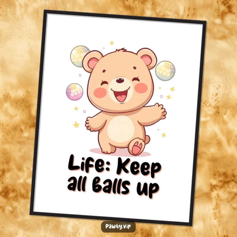 Funny Free Printable Wall Art: A kawaii bear gleefully juggles several shiny disco balls, bringing a disco vibe to the room.