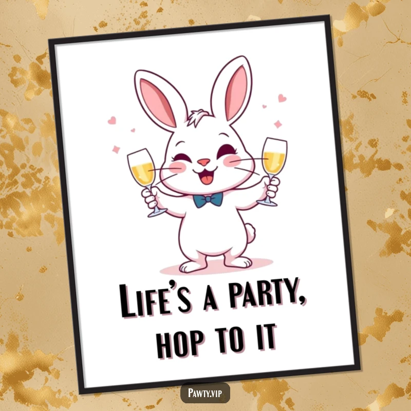 Funny Free Printable Wall Art: A mischievous rabbit effortlessly juggles champagne glasses, a vibrant and humorous downloadable piece.