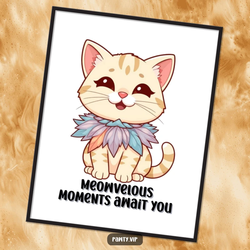 Funny free printable wall art of a giggling cat wearing a tiny, flamboyant feather boa necklace, looking hilariously glamorous.