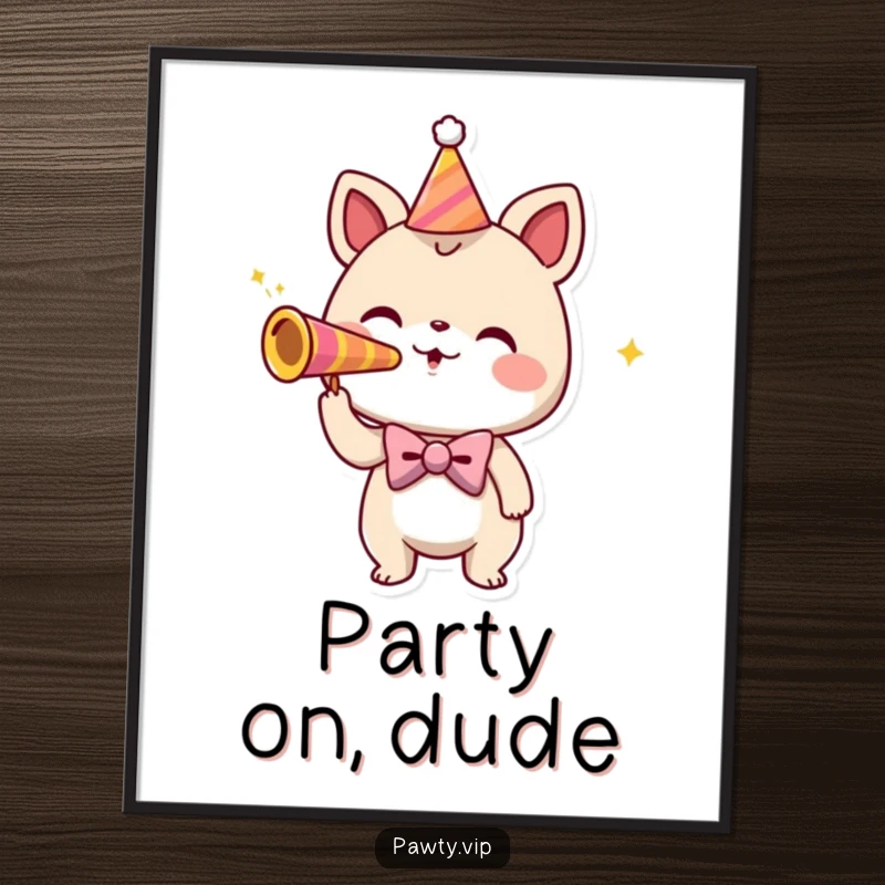 Funny Free Printable Wall Art: Playful creature sporting a bowtie enthusiastically blowing a party horn, creating a festive atmosphere.