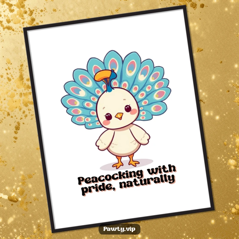 Funny Free Printable Wall Art: Smiling Kawaii peacock fanning its vibrant tail feathers with a humorous and elegant display.