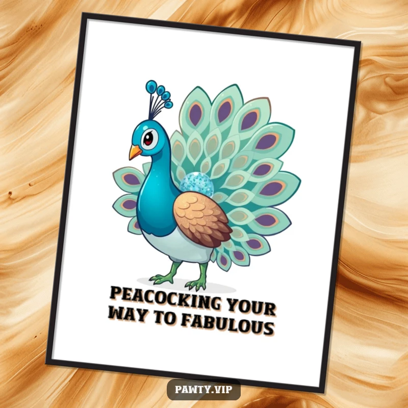 Funny Free Printable Wall Art of a glamorous peacock with a sparkling, fanned tail of glitter.