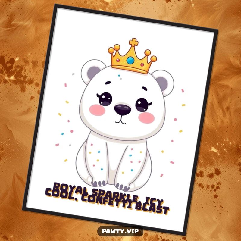 Funny Free Printable Wall Art: A dazzling polar bear in a tiny crown, covered in confetti, ready to celebrate.