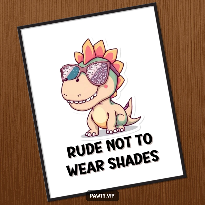 Funny Free Printable Wall Art: A dinosaur wearing oversized sequined sunglasses, adding a touch of cool retro humor.