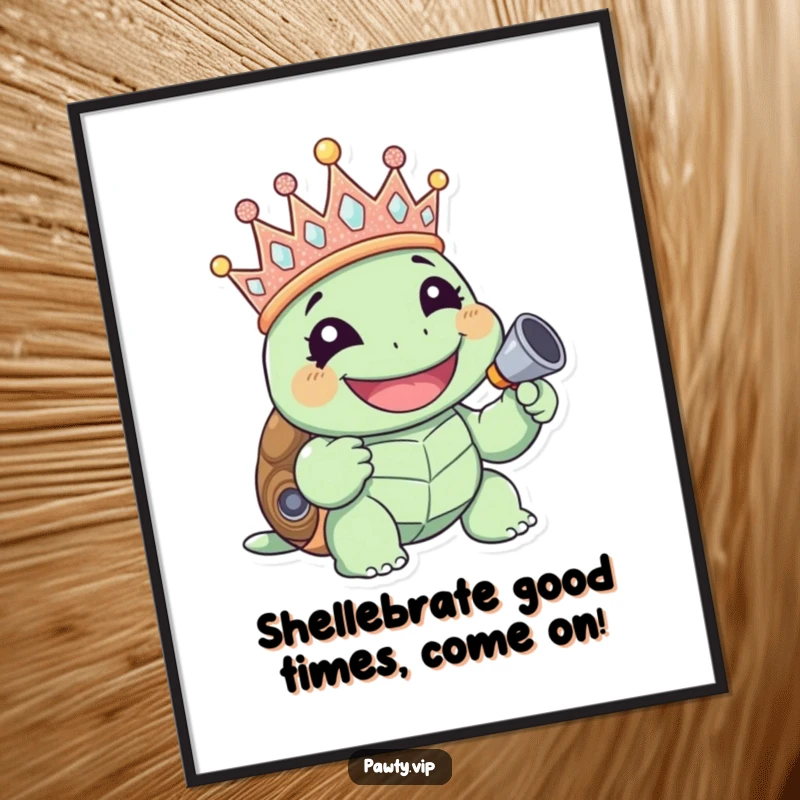 Giggling turtle with a glitter crown and noisemaker, spreading cheer, funny free printable wall art.
