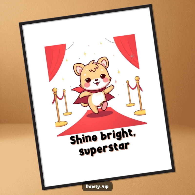 Funny Free Printable Wall Art: Cheerful animal with a sparkly cape dashing vibrantly across a red carpet, exuding star power.