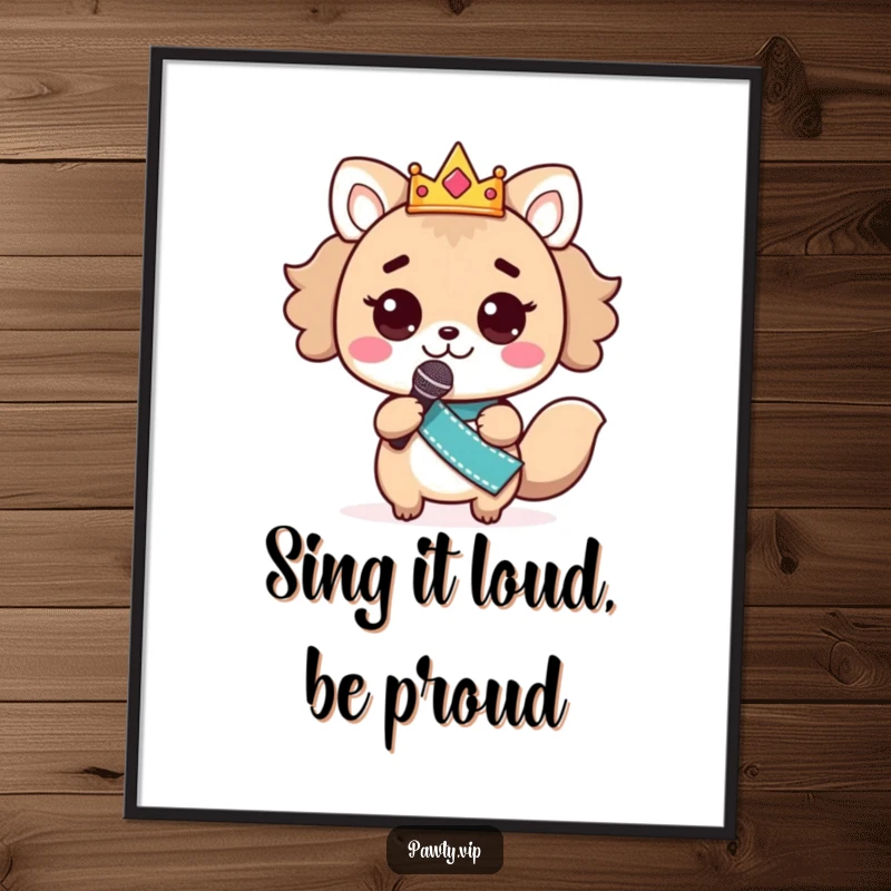 Funny Free Printable Wall Art of a kawaii animal wearing a crown and sash, holding a microphone, ready to perform.