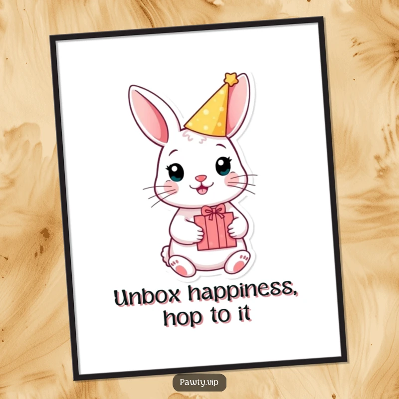 Funny Free Printable Wall Art: Rabbit in party hat holds gift box, radiating fun and cheer. Downloadable decor.