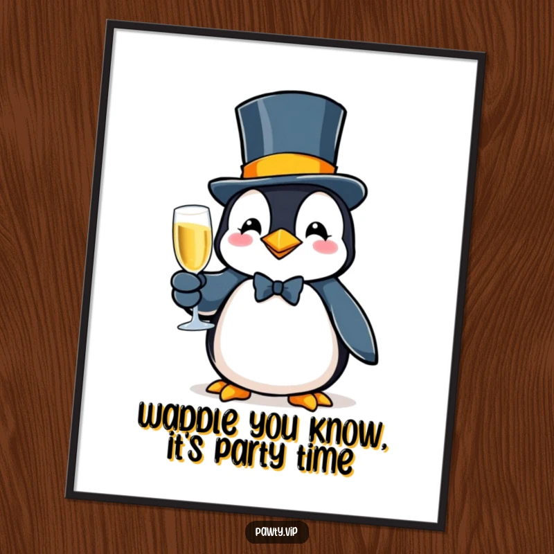 Funny Free Printable Wall Art: A penguin in a top hat, holding a glass of bubbly, exuding fancy celebration.