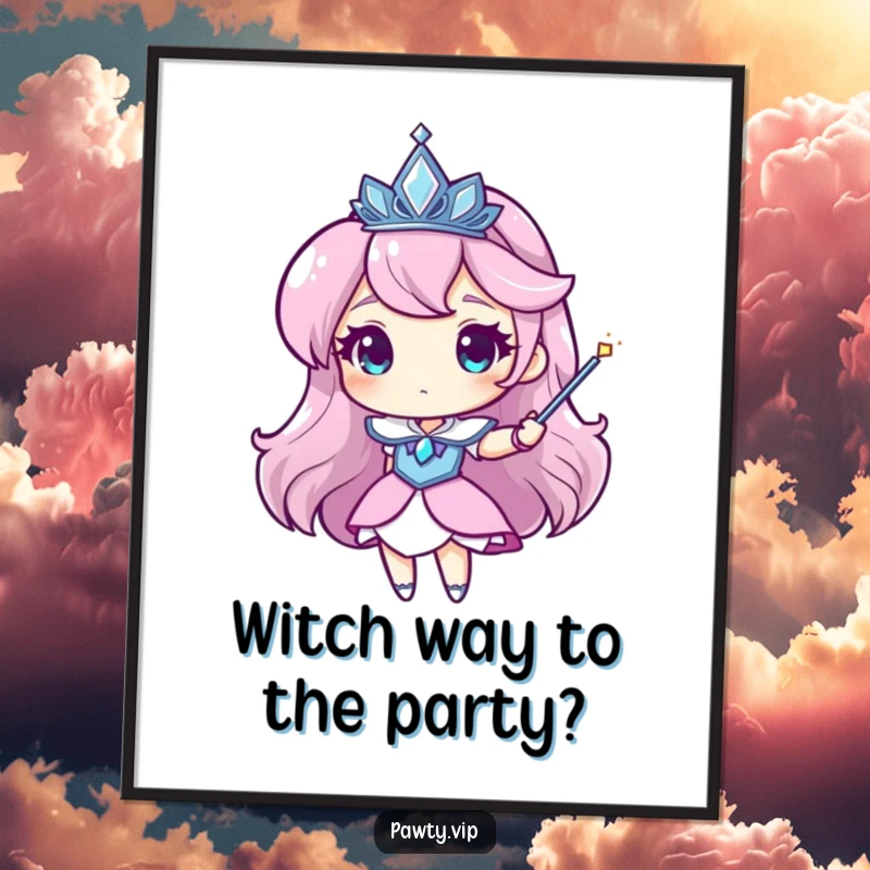 Funny Free Printable Wall Art: Character in a sparkling tiara waving a magic wand, creating a magical atmosphere, perfect DIY downloadable decor.