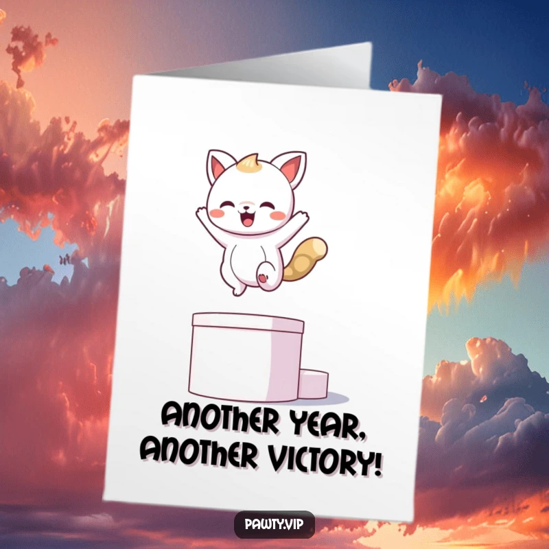 Funny Free Printable Birthday Card: Kawaii animal leaps onto a podium, striking a triumphant pose for their special day.