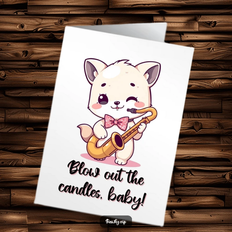 Funny Free Printable Birthday Card: Kawaii animal in a sparkly bowtie plays a saxophone, wishing happy birthday.