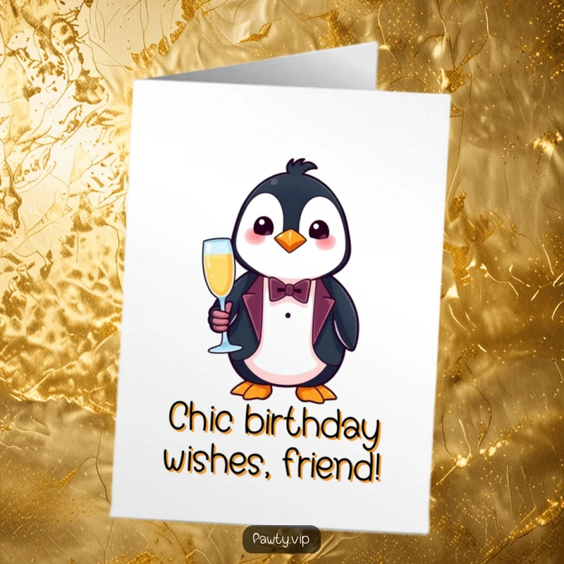 Funny Free Printable Birthday Card featuring a penguin in a tiny tuxedo holding a champagne flute, toasting to the birthday person.