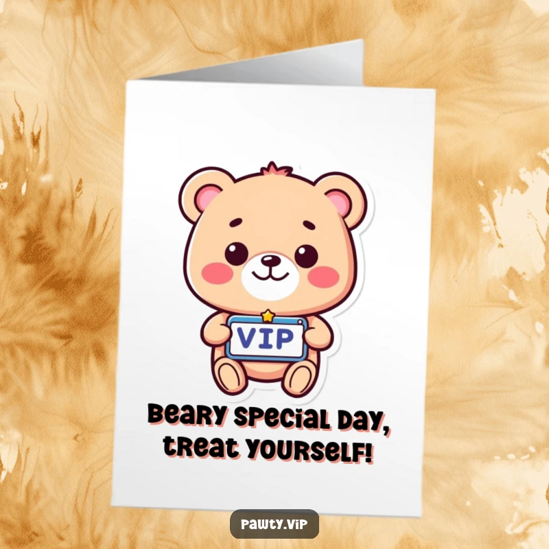 Funny Free Printable Birthday Card: A beaming bear with a VIP pass, ready to party, downloadable and fun.