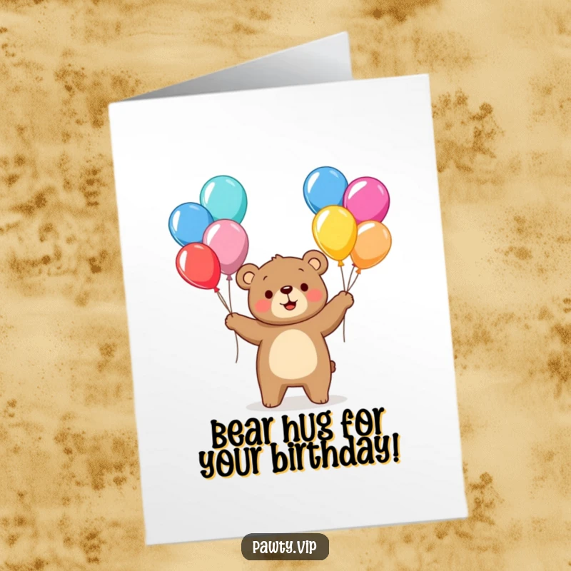 Funny Free Printable Bear Birthday Card: Cheerful bear character juggling multiple colorful balloons. Joyful downloadable greeting.