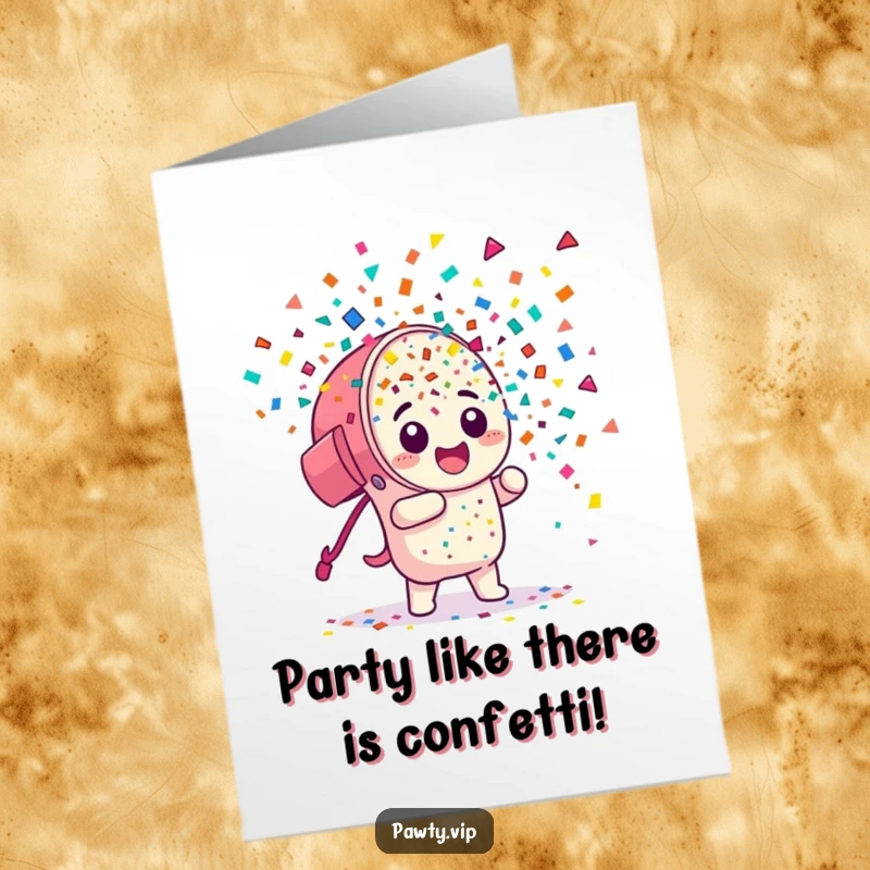 Funny Free Printable Birthday Card: Confetti cannon character exploding joyfully, showering colorful pieces for a festive celebration.