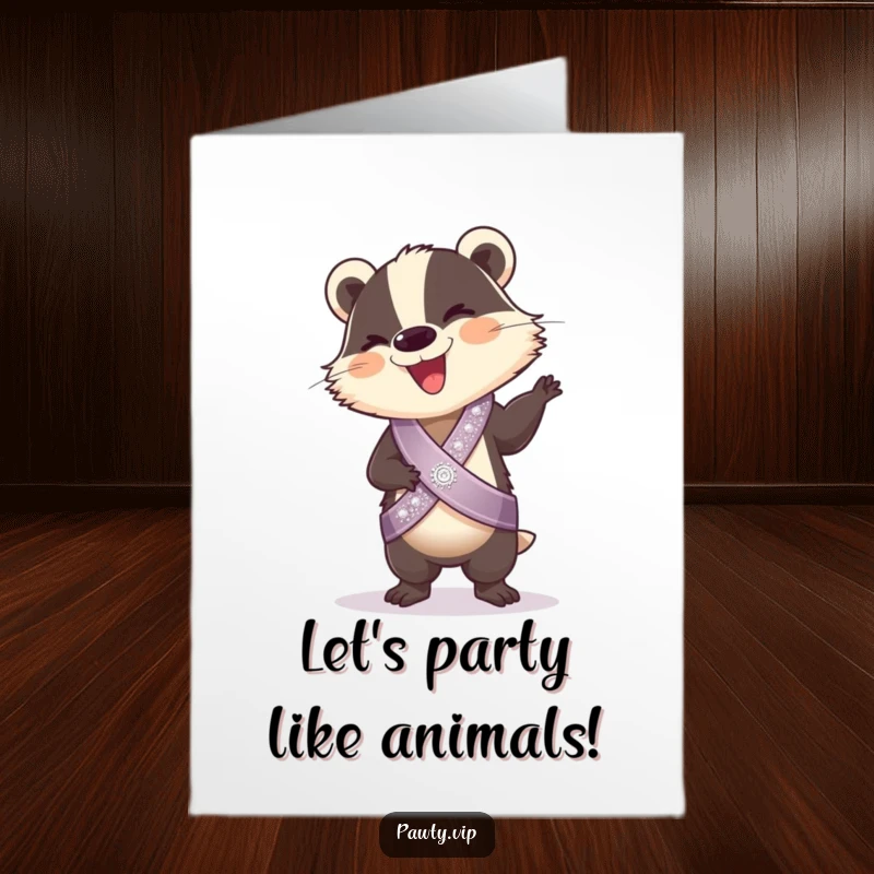 Funny Free Printable Birthday Card: Giggling badger in sparkly sash doing a silly, energetic dance.
