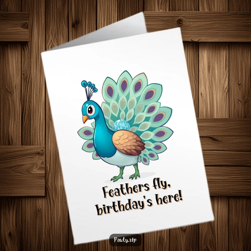 Funny Free Printable Birthday Card featuring a glamorous peacock fanning its glittery tail feathers with pride.
