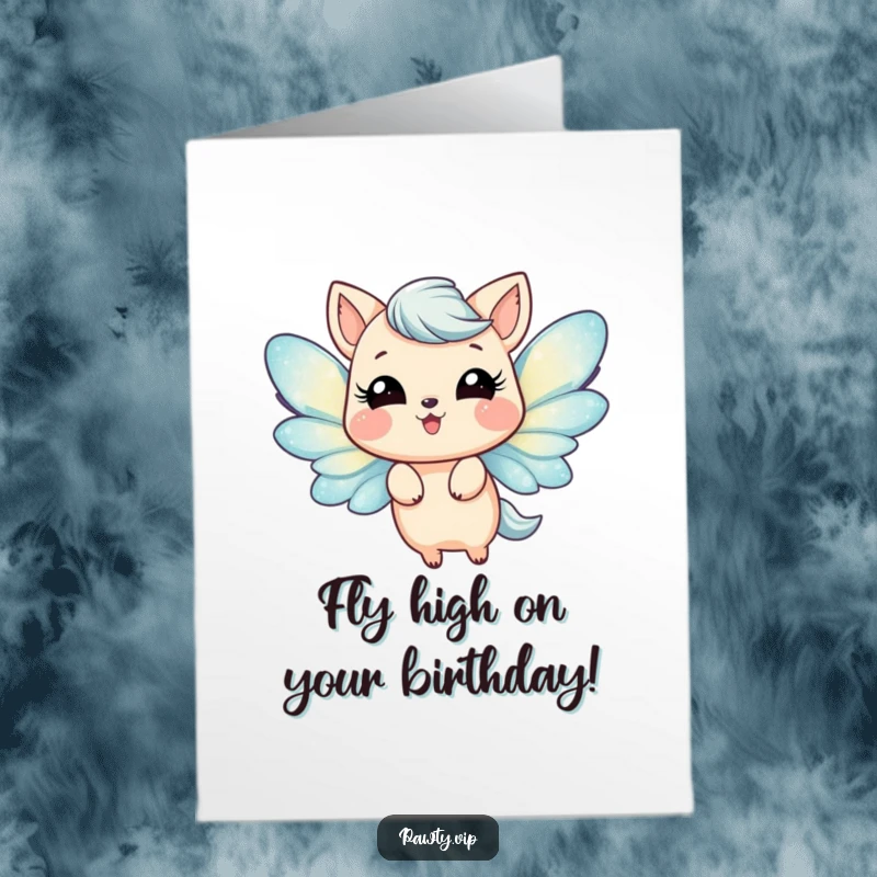 Funny Free Printable Birthday Card: Whimsical animal with shimmering glitter wings fluttering with uncontainable joy for a celebration.