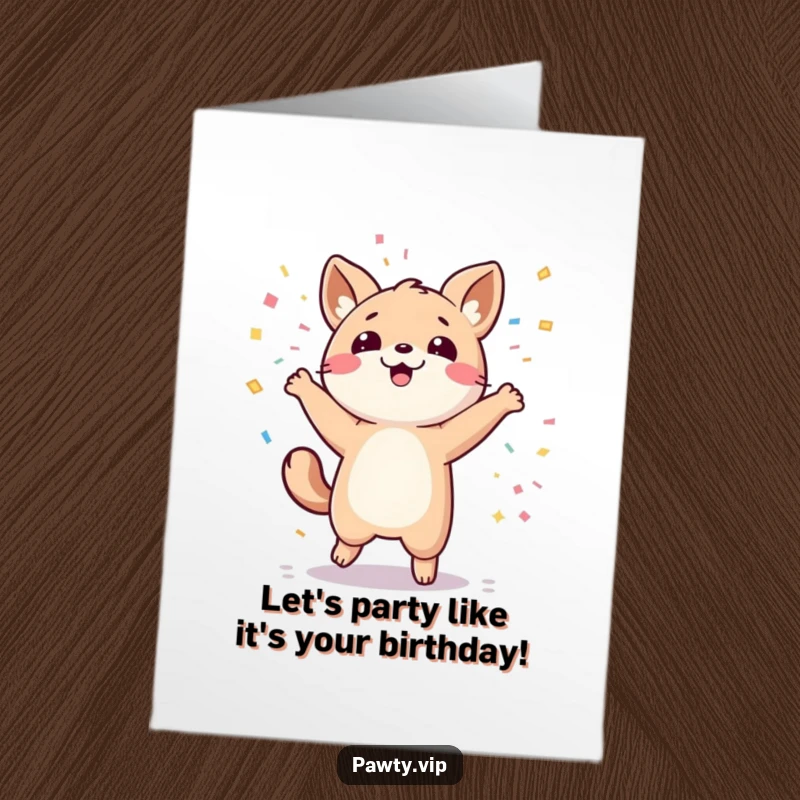 Funny Free Printable Birthday Card: Kawaii animal dancing wildly amidst falling confetti, pure birthday joy.