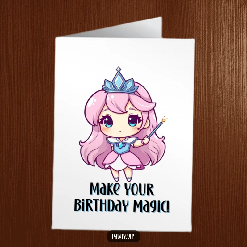 Funny Free Printable Birthday Card: Character in a sparkling tiara waving a magic wand, casting birthday spells, perfect DIY downloadable.