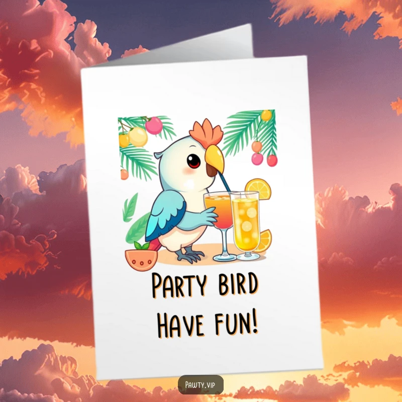 Funny Free Printable Birthday Card: Kawaii parrot elegantly sips a festive drink with a party hat, celebrating happily.