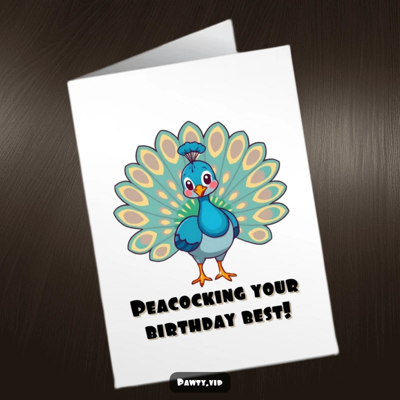 Funny free printable birthday card featuring a proud peacock animal character fanning out its vibrant tail feathers.