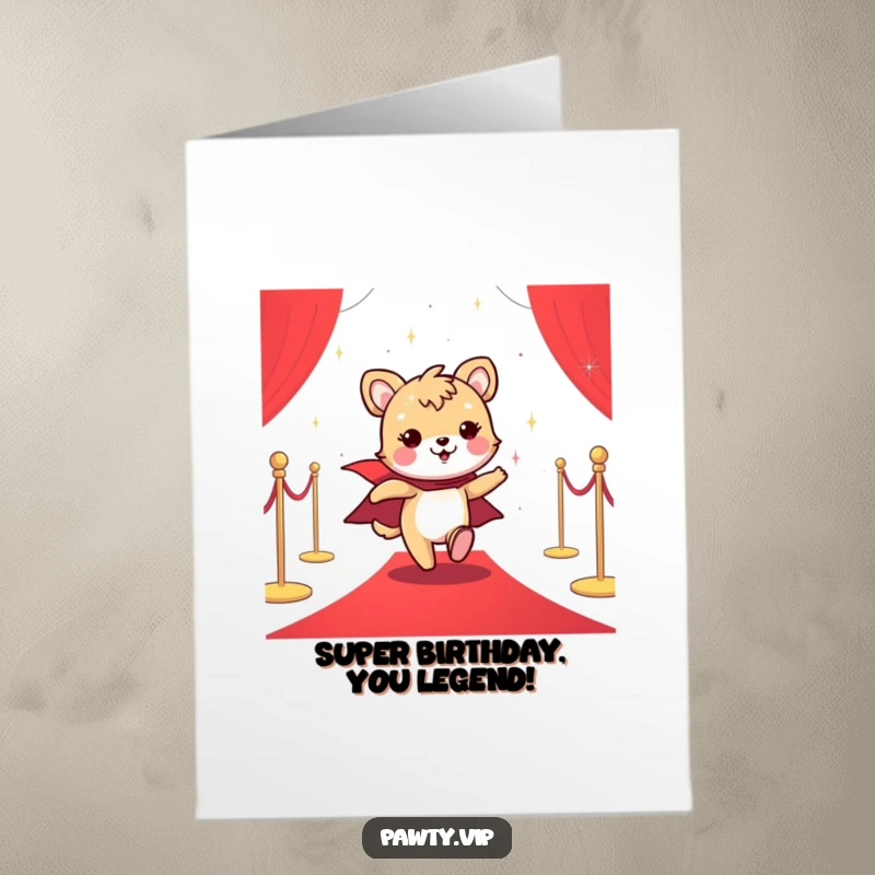 Funny Free Printable Birthday Card: Cheerful animal with a sparkly cape dashing on a red carpet, celebrating stardom.