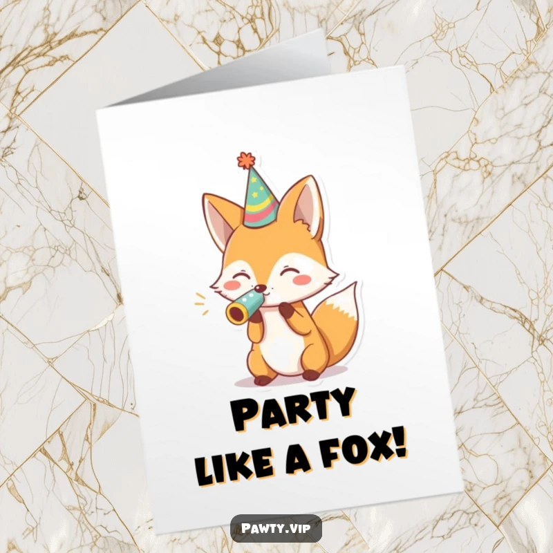 Funny Free Printable birthday card: a fox in a party hat excitedly blows a noisemaker, spreading cheer for a special occasion.