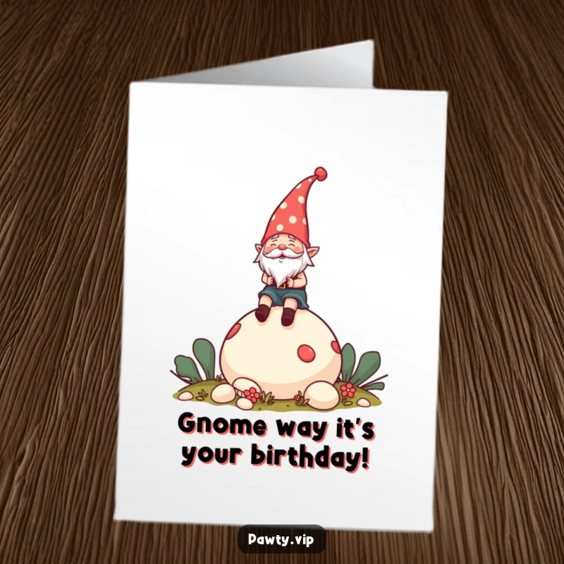 Funny Free Printable Birthday Card: Cheerful gnome wearing a party hat riding a giant mushroom, celebrating with pure joy and whimsy.