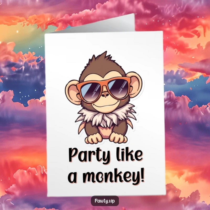 Funny Free Printable Birthday Card featuring a cool monkey in huge sunglasses and a flashy feather boa, ready to party.