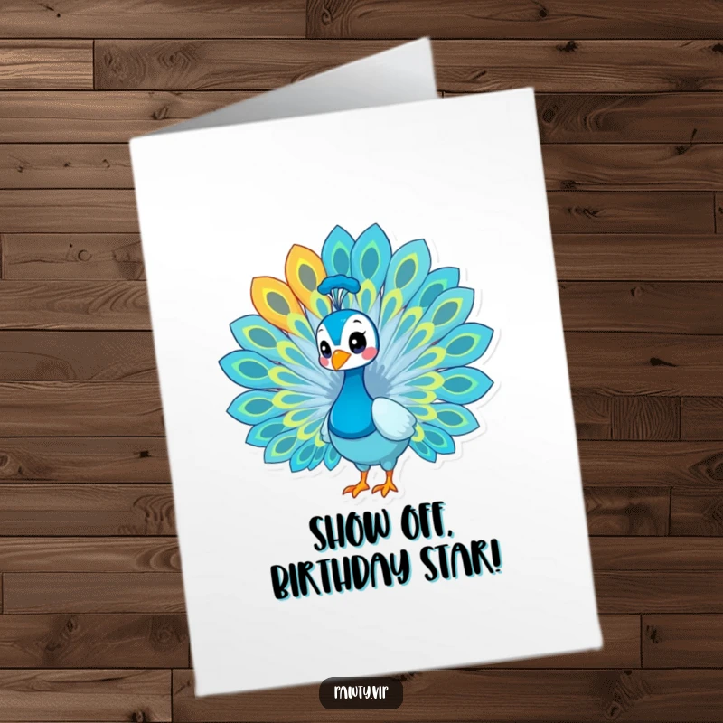 Funny Free Printable Birthday Card featuring a proud peacock fanning its magnificent, colorful train of feathers, celebrating joyfully.