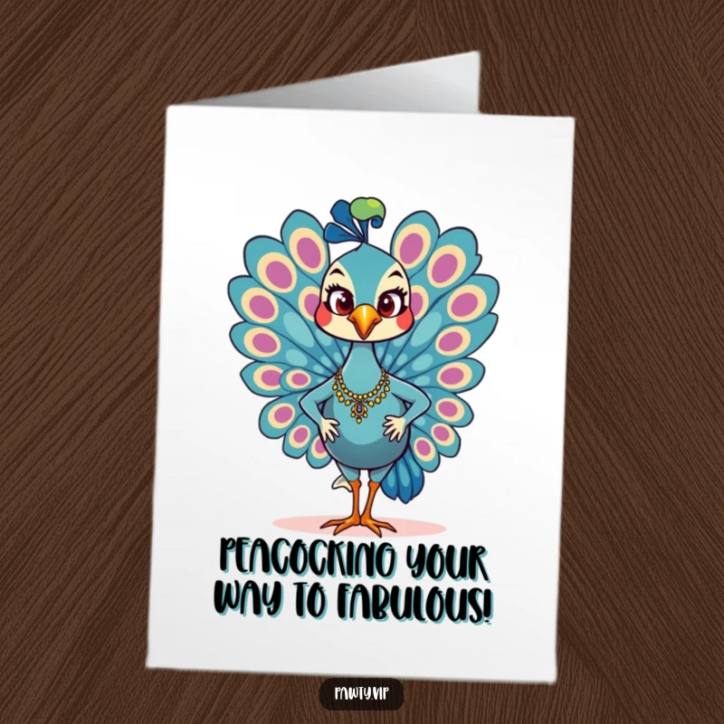 Funny Free Printable Birthday Card: Glamorous peacock character strutting confidently with a smile, perfect for a dazzling birthday greeting.