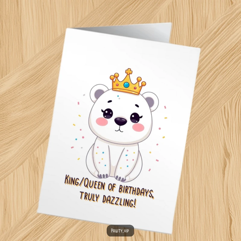 Funny Free Printable Birthday Card: Dazzling polar bear wearing a crown, sparkling with confetti, ready to party.