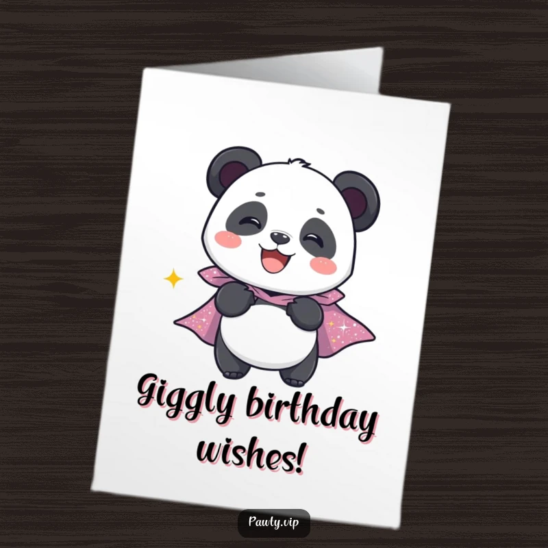 Funny Free Printable Birthday Card: A giggling panda character wears a dazzling sparkly cape with delight.